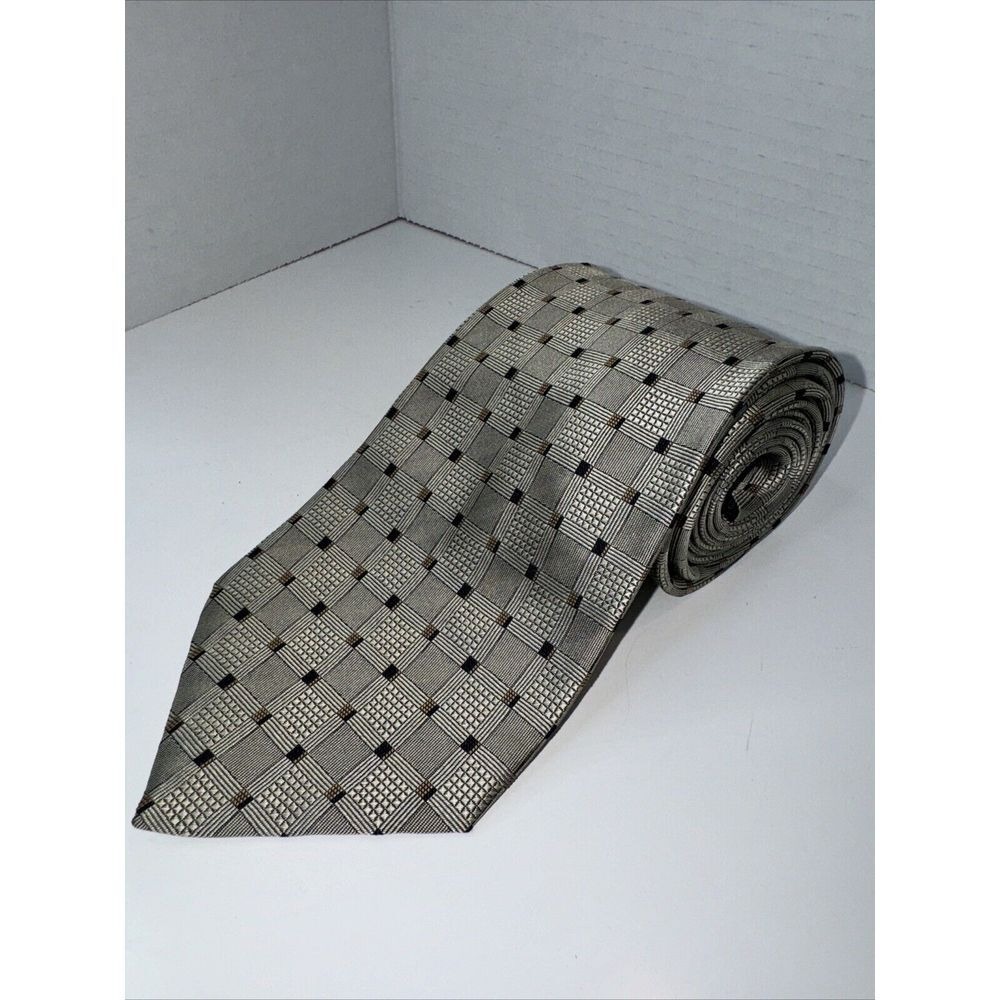 Roberto Villini Necktie Mens OS Silver Taupe Geometric Grid Silk Hand Made Tie